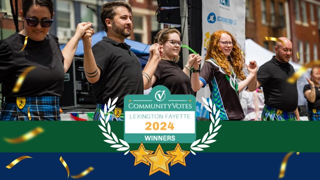 A graphic announcing Bluegrass Ceili Academy as 2024 CommunityVotes Lexington-Fayette dance category winner