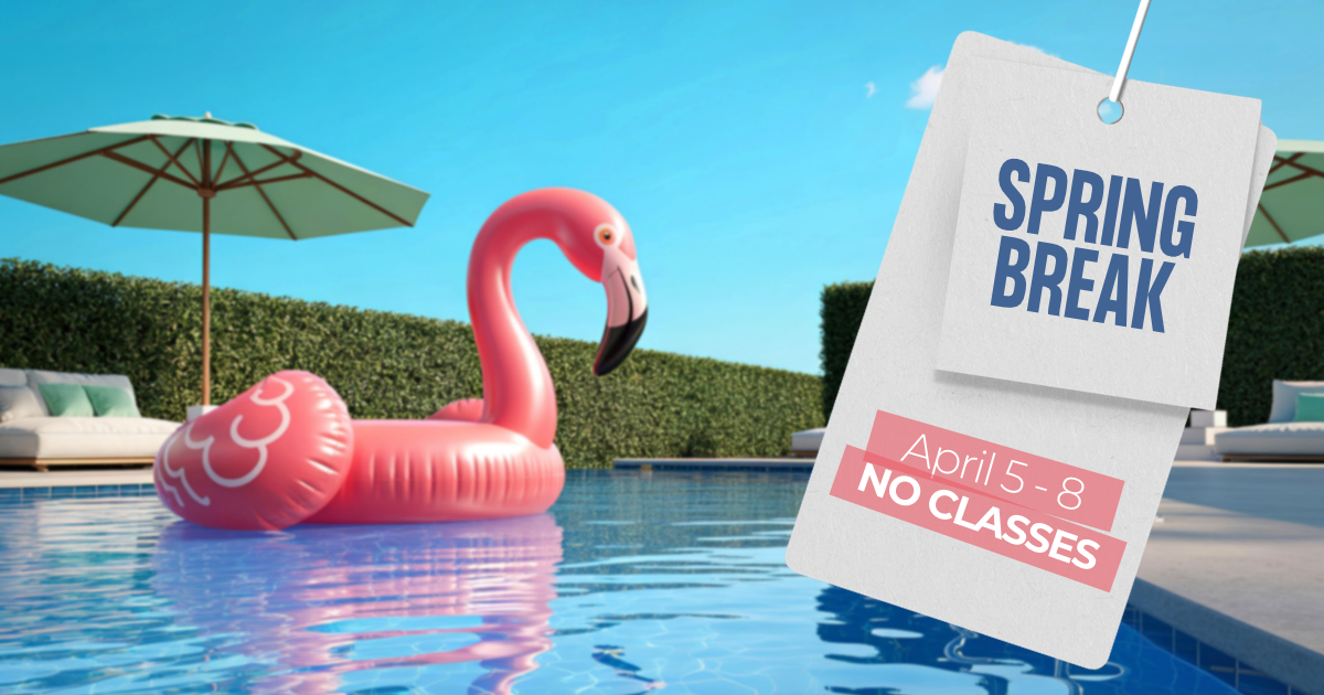 A flamingo floatie in a pool with a sign that says Spring Break April 5-8