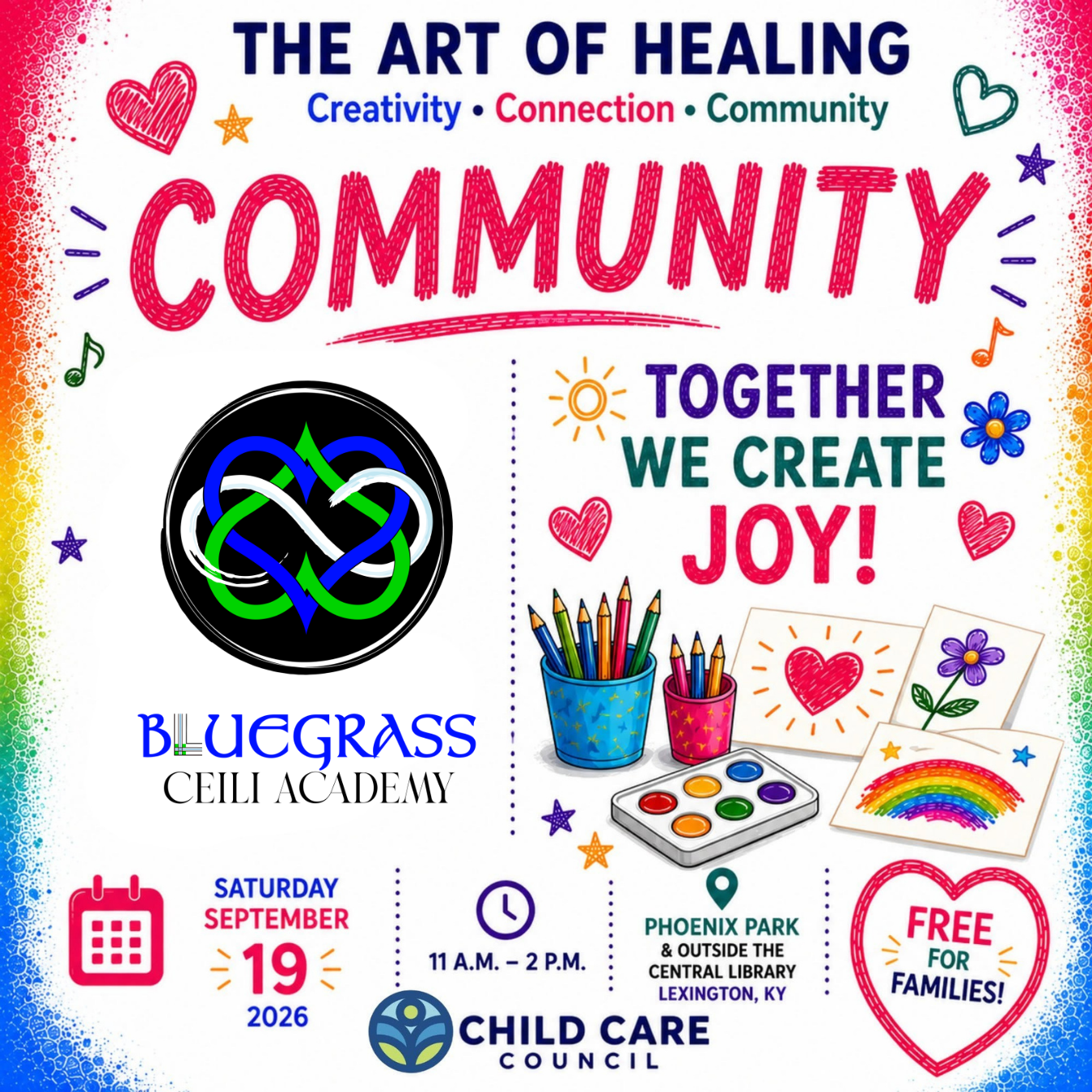 A colorful poster with the Bluegrass Ceili Logo for the Art of Healing event on Sept. 19.